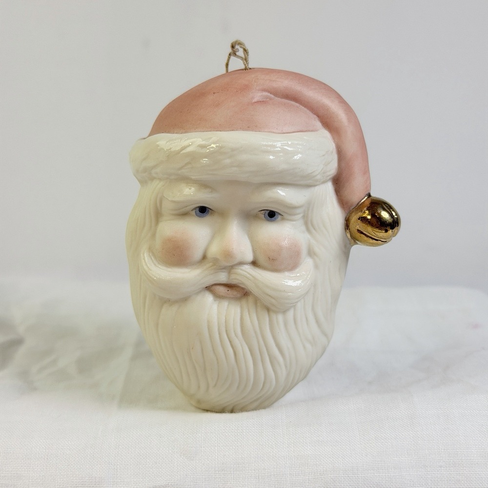 Vintage Ceramic Bisque Santa Claus Head Christmas Ornament 4" Holiday Cottage